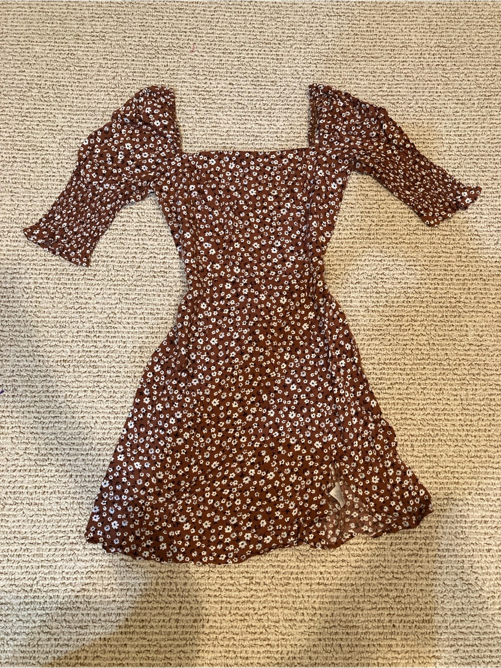 Brown Floral Square-Neck Mini Dress